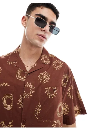 ASOS Camicia oversize squadrata effetto lino color tabacco con rever e stampa di soli