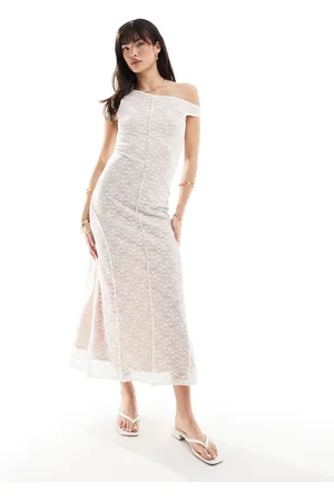 ASOS Vestito midi con spalle scese e cuciture in pizzo
