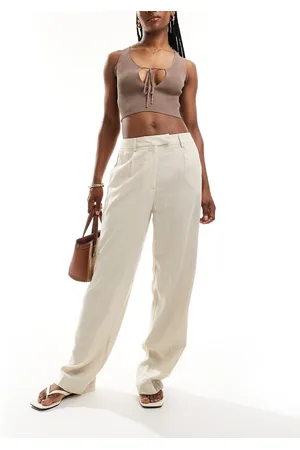 Pieces® Pantaloni ampi color crema in misto lino a vita alta