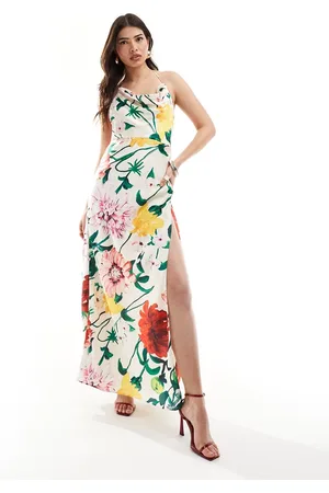 HOPE & IVY Vestito lungo con spalline sottili e spacco sulla coscia in raso a fiori su sfondo chiaro