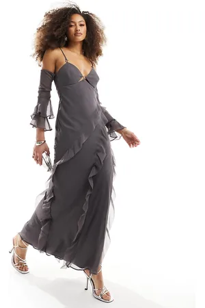 ASOS Vestito lungo grigio antracite con coppe, volant e dettagli in metallo