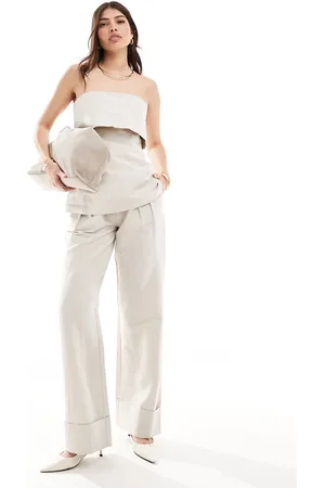Pretty Lavish Pantaloni a fondo ampio in misto lino color pietra in coordinato
