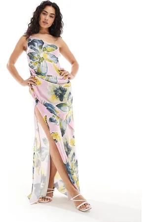 ASOS Vestito lungo drappeggiato in raso monospalla con spacco sulla coscia e stampa a fiori
