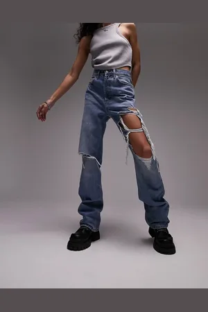 Topshop Kort - Jeans dritti medio con strappi vistosi sulla coscia