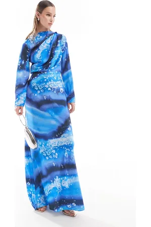 ASOS Vestito lungo in raso con stampa astratta con drappeggio sul corpetto