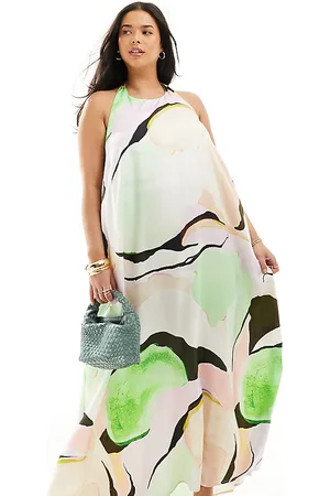 ASOS ASOS DESIGN Curve - Prendisole lungo allacciato al collo in tessuto cupro minimal con stampa astratta vivace