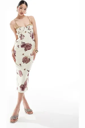 ASOS Vestito a longuette a pannelli effetto lino con stampa a fiori, coppe e cut-out
