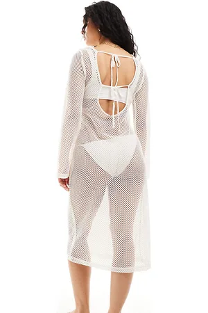 Pieces® Vestito midi da spiaggia traforato color crema con maniche a campana