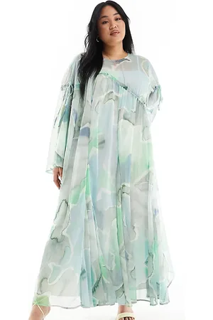 ASOS Curve - Vestito lungo in chiffon blu effetto acquerello a maniche lunghe con dettaglio raccolto