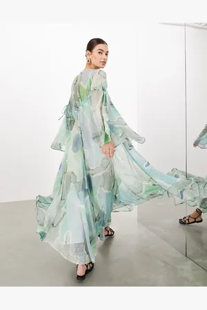 ASOS Vestito lungo a maniche lunghe in chiffon con dettagli raccolti e stampa blu acquerello