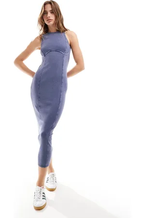 Miss Selfridge Vestito midi a corsetto con scollo a vogatore color indaco slavato