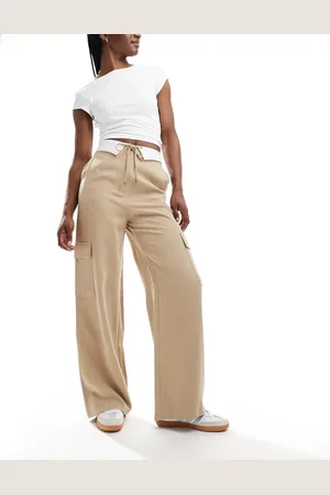 Miss Selfridge Pantaloni cargo morbidi color pietra con fascia in vita risvoltata