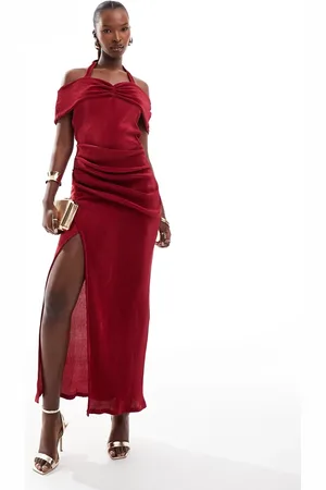 ASOS Vestito midi plissé bordeaux con scollo alla Bardot e spalline allacciate al collo