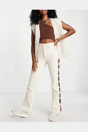 Topshop Kort - Jeans dritti écru con aperture a goccia