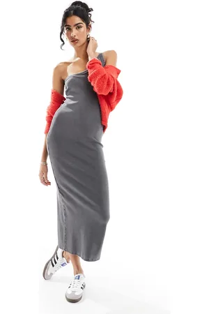ASOS Vestito midi monospalla con spallina sottile lavaggio antracite a coste