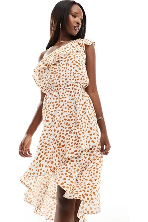 Ax Paris Vestito midi monospalla a balze color panna a pois marroni con volant