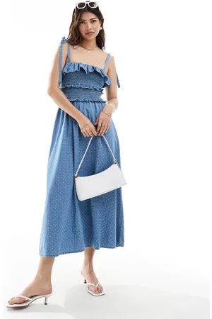 ASOS Vestito lungo in denim con stampa a pois e volant