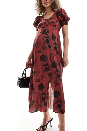 ASOS ASOS DESIGN Maternity - Vestito midi color ruggine con maniche a sbuffo e laccetti