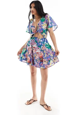 ASOS Vestito corto blu a fiori con cut-out e gonna godet