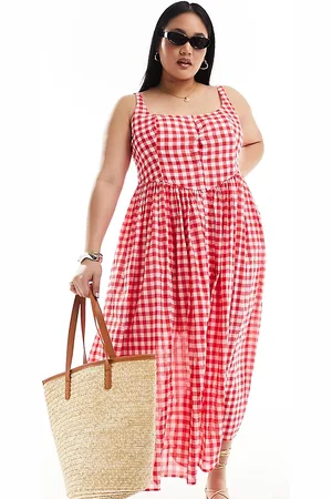 ASOS ASOS DESIGN Curve - Prendisole midi in voile rosso stile picnic a quadretti