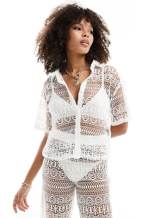 Miss Selfridge Camicia da mare taglio corto color crema in pizzo