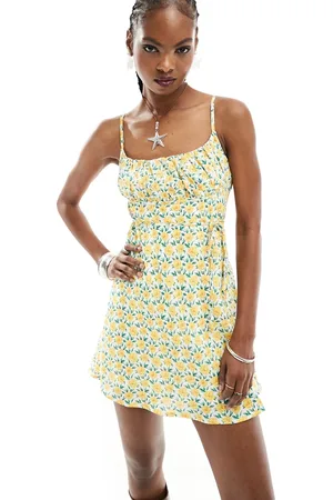 Kiss The Sky Vestito sottoveste corto arricciato a fiori gialli