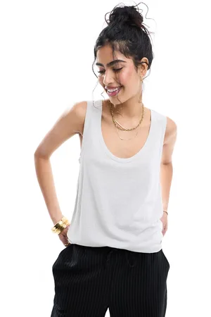 ASOS Canotta effetto lino color pietra con scollo rotondo