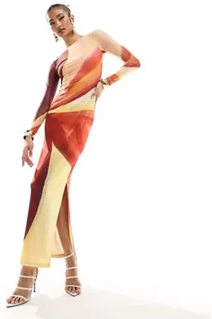 Farai London Aphrodite - Vestito lungo in tessuto a rete rosso e color crema
