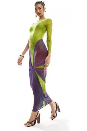 Farai London Nyx - Vestito lungo fasciante monospalla in tessuto a rete viola e fiore di lime