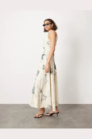 ASOS Vestito midi con stampa a fiori grandi, gonna a ruota e cuciture a vista