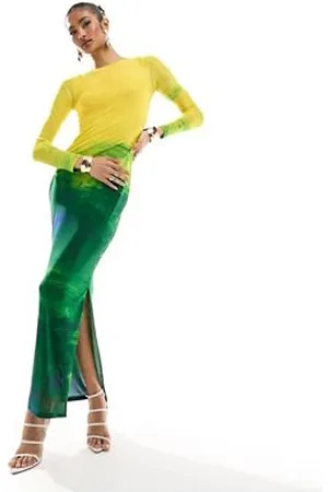 Farai London Aphrodite - Vestito lungo a maniche lunghe in tessuto a rete giallo e verde sfumato