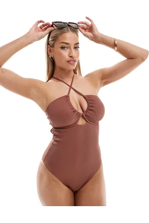 Ivory Rose Coppe Grandi - Costume da bagno allacciato al collo rovesciato a doppia misura a coste con perline