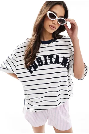 ASOS T-shirt vestibilità boyfriend color crema a righe con stampa "Positano"