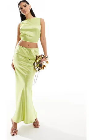 Kaiia Gonna lunga lime in raso con coulisse in coordinato