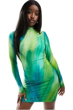 Farai London Opehlia - Vestito corto fasciante accollato verde sfumato a maniche lunghe