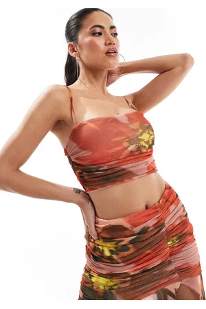 ASOS Canottiera in rete arricciata con stampa a fiori grandi in coordinato
