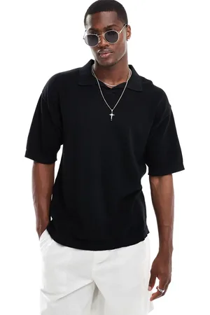 JACK & JONES Polo oversize in maglia di misto lino nera con rever