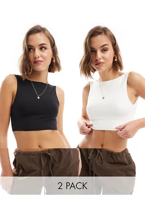 Bershka Confezione da 2 top aderenti con scollo a barchetta bianco e