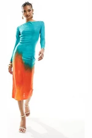 Farai London Alamea - Vestito midi fasciante a maniche lunghe in tessuto a rete blu e arancione sfumato con schiena scoperta