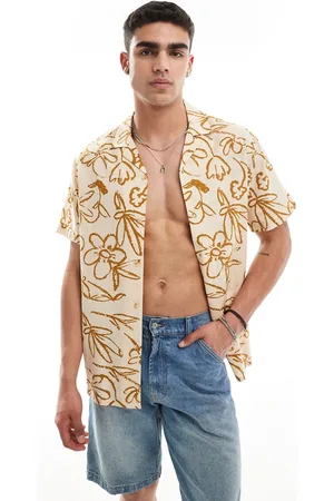 ASOS Camicia taglio comodo effetto lino con rever e stampa a fiori in colori neutri