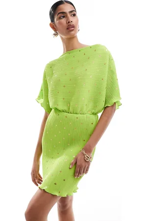 Never Fully Dressed Tilly - Vestito corto plissé color lime con dettagli floccati oro