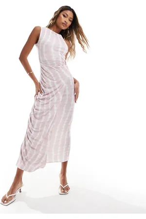 ASOS Vestito midi arricciato con stampa tie-dye e dettaglio intrecciato