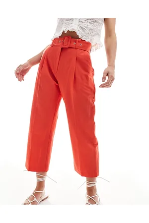 ASOS ASOS DESIGN Petite - Pantaloni sartoriali rossi in misto lino con cintura