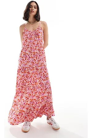 VILA Vestito con spalline sottili lungo a balze rosa a fiori
