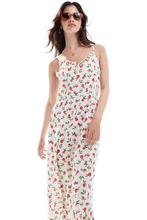 Pieces® Vestito lungo crema con stampa di arance e spalline con volant