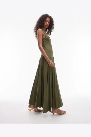 Topshop Vestito midi kaki in jersey a pieghe con scollo a V