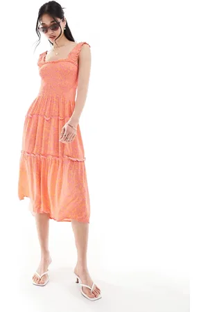 VERO MODA Vestito midi arricciato con spalline color corallo a fiori