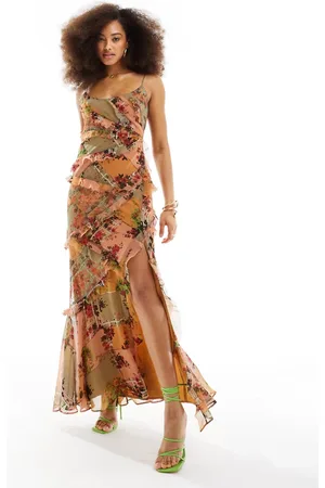 ASOS Vestito lungo taglio sbieco con spalline sottili a fiori misti con toppe in pizzo e volant