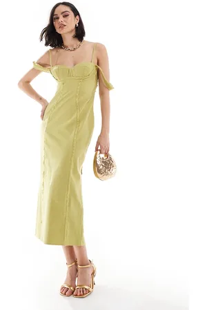 ASOS Vestito midi in lino verde oliva con dettaglio stile corsetto, bordi grezzi e fibbie