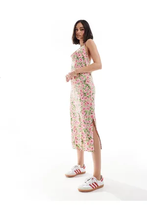VILA Vestito midi con spalline sottili a fiori in raso con incrocio sul retro